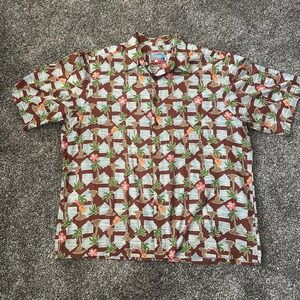 Vtg Reyn Spooner Hawaiian Shirt Mens Large Brown Palm Tree Hut Guitar Hibiscus‎
